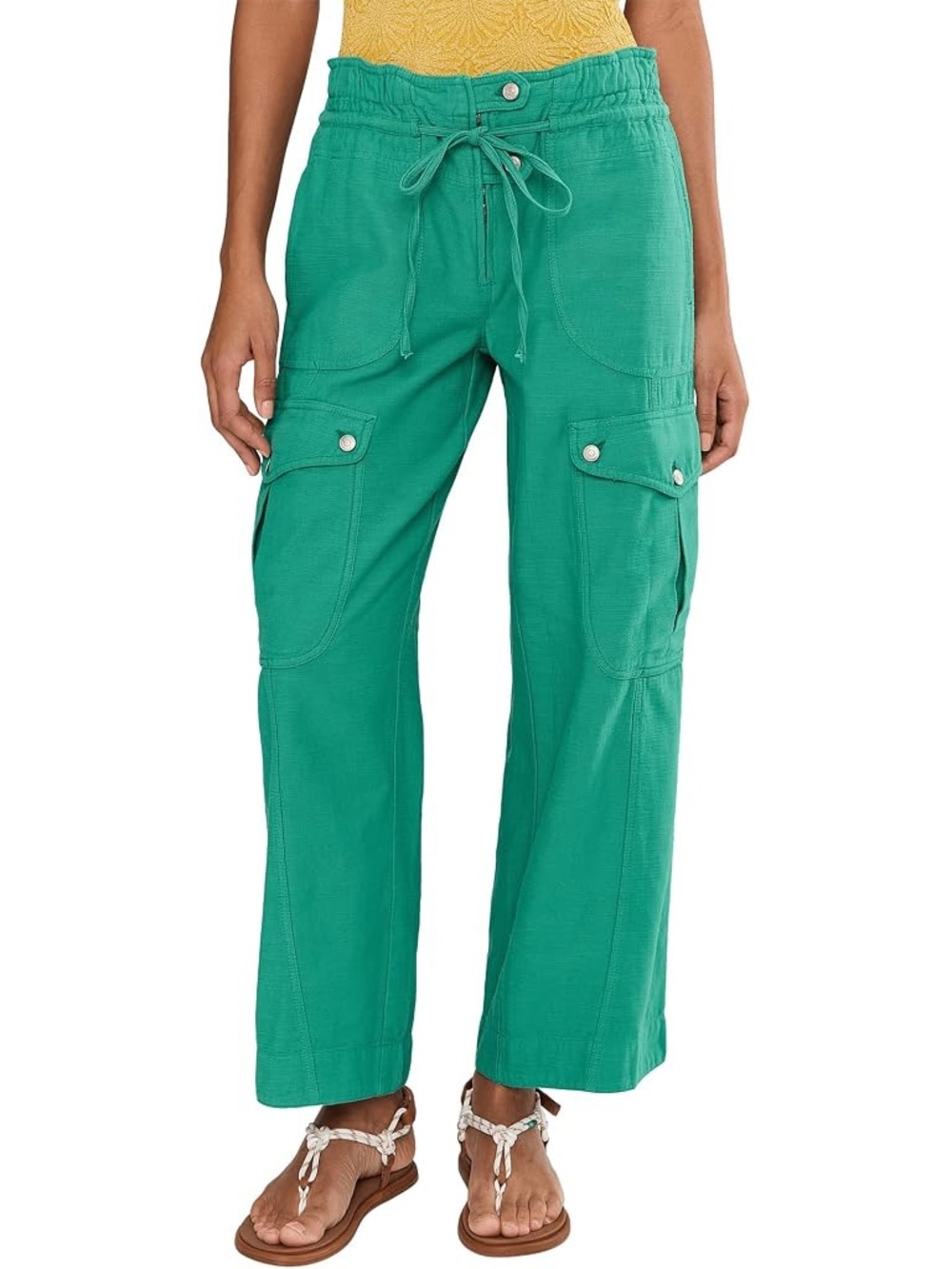 Free People Wide-Leg Cargo Drawstring Pants in Teal Green